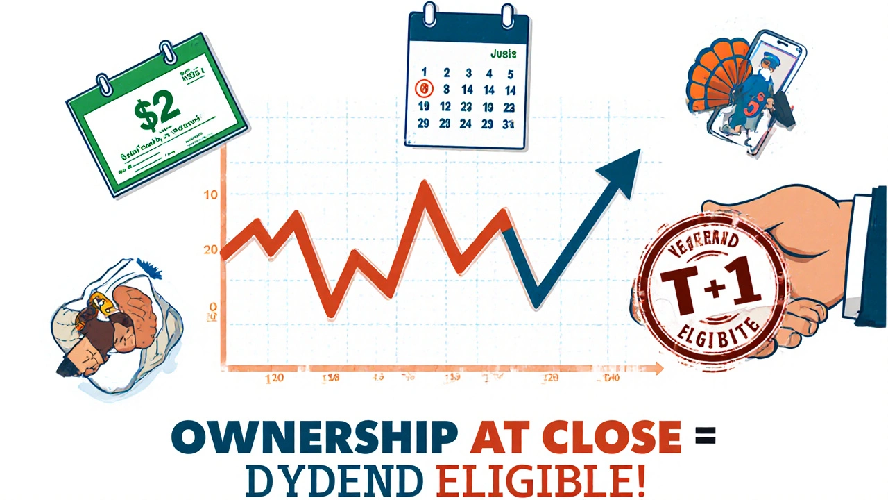Stock price chart with dividend drop, holidays marked, and T+1 settlement stamp over investor transaction.