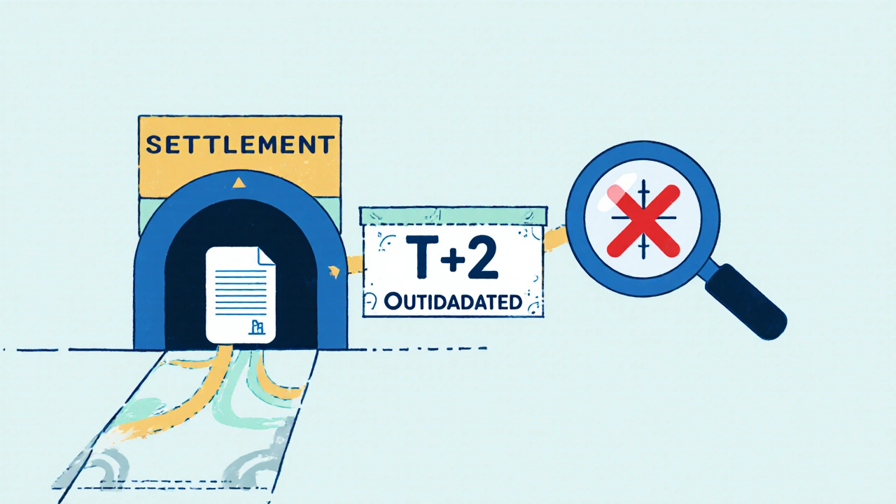 Technical diagram comparing T+1 and outdated T+2 trade settlement timelines with ex-dividend date as key gate.