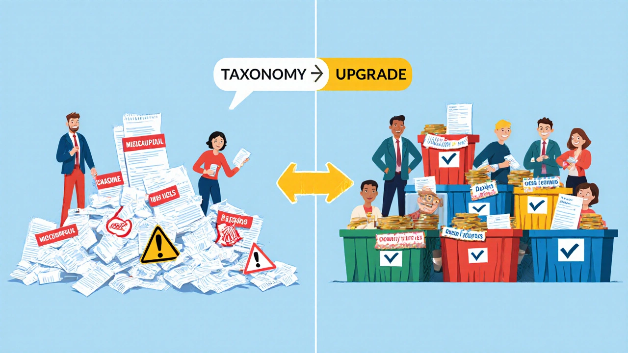 Chaotic receipts vs. neatly sorted expense categories in a split-screen illustration.