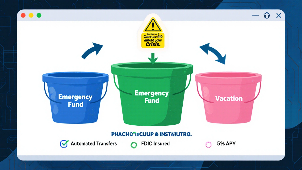 Digital savings account with labeled buckets for emergency, car, and vacation funds, showing automated deposits.