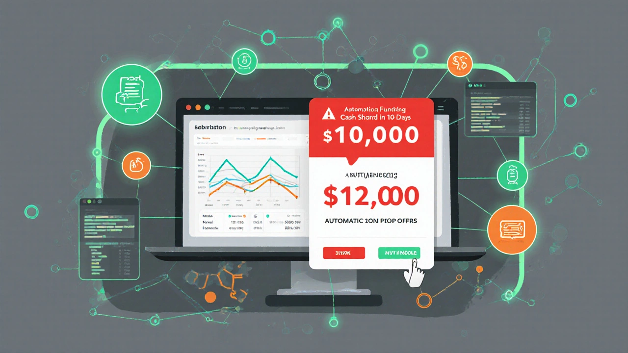 Predictive lending dashboard alerts user of upcoming cash shortfall and offers automatic funding.
