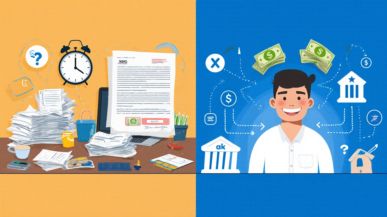 Split-screen comparison: messy bank loan wait vs. seamless embedded lending in accounting software.
