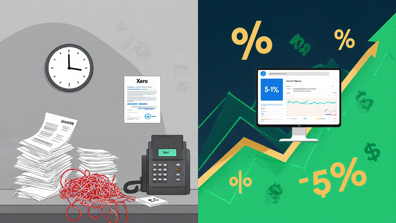 Split-screen: messy traditional factoring vs. clean embedded lending with digital approval and instant deposit.