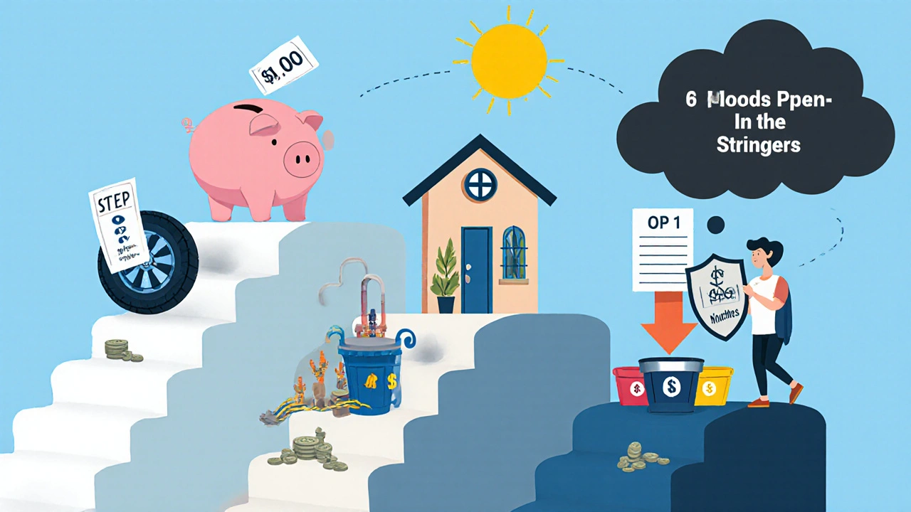 Staircase representing emergency fund growth from 0 to 6 months of expenses, with impulse spending threat in background.