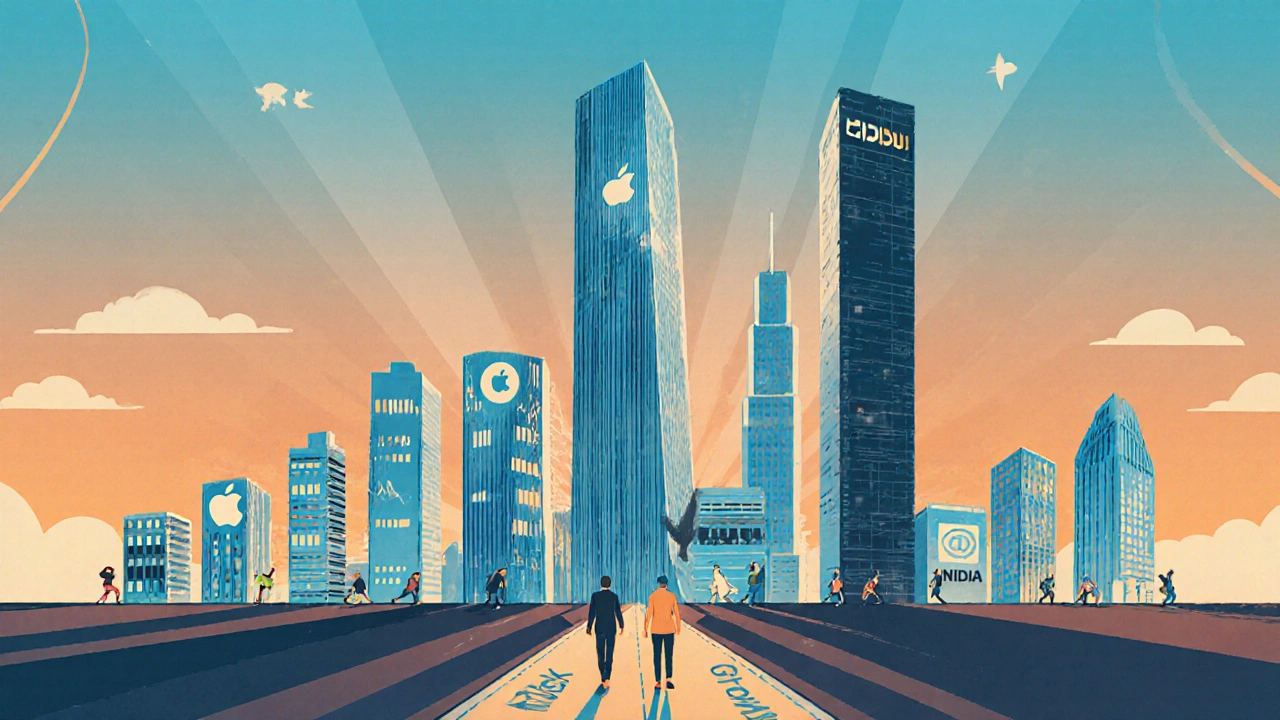 A city skyline composed of company logos, showing size differences from small to mega-cap firms.