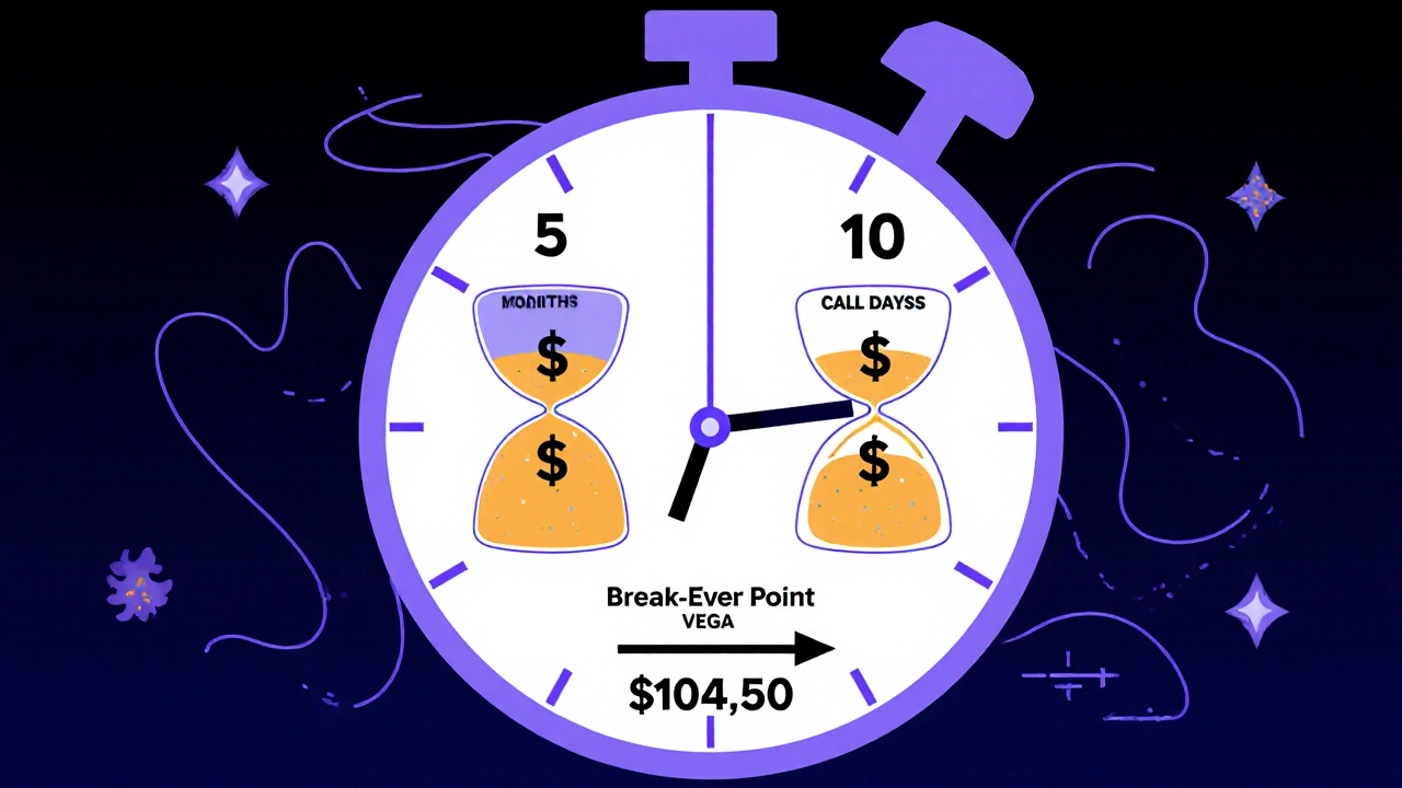 A clock shows time decay affecting call option prices, with volatility waves and a break-even point marked.