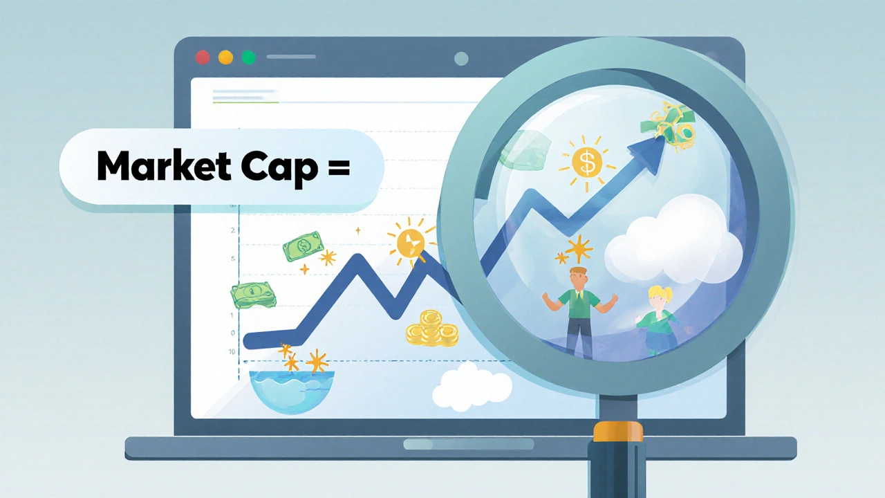 A magnifying glass revealing hidden financial elements behind a stock market cap calculation.