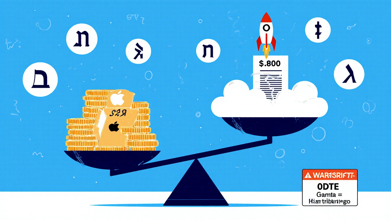 A scale compares buying 100 Apple shares vs. a single call option, with Greek letters and a warning against 0DTE options.
