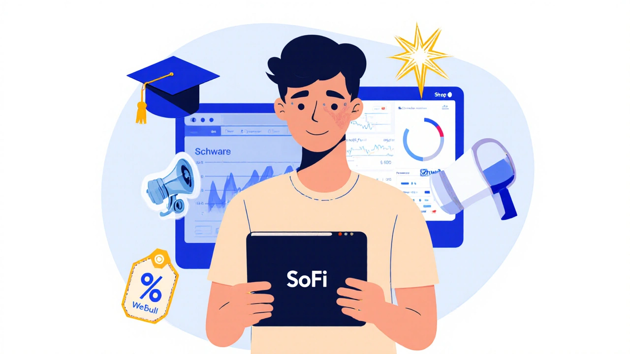 A young investor using SoFi's app surrounded by lifestyle perks like career coaching and bonuses.