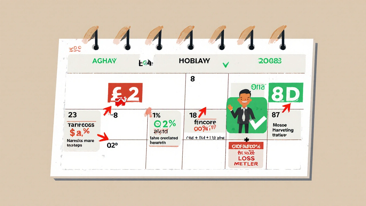 Annual calendar showing strategic stock sales for 0% capital gains and tax-loss harvesting.