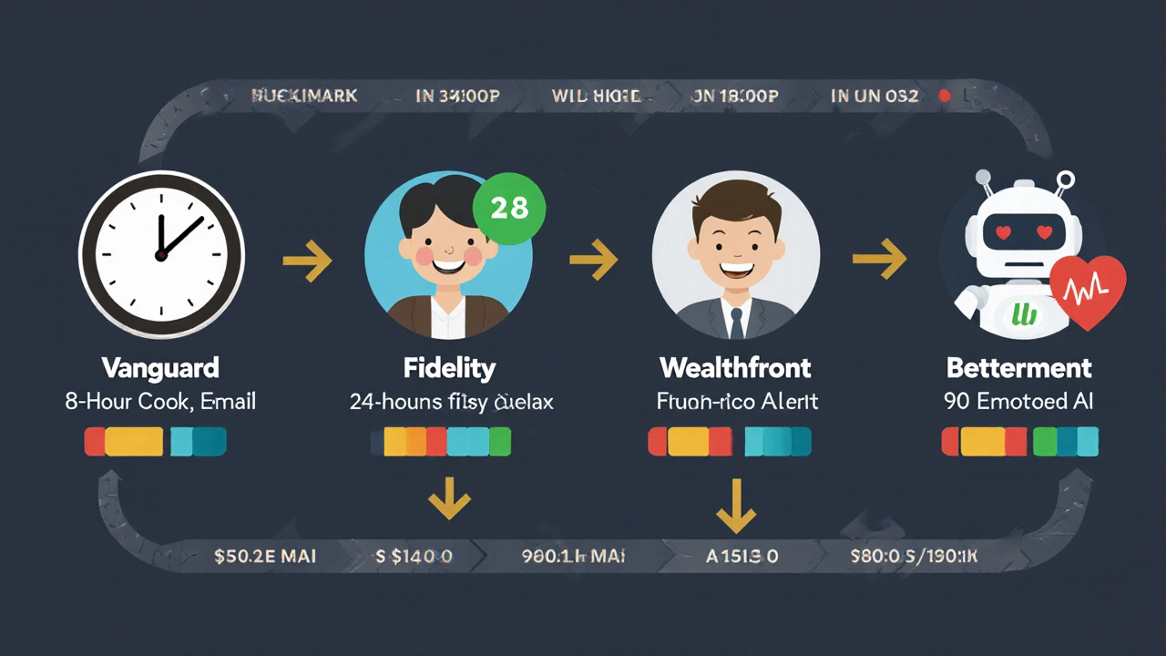 Comparison of robo-advisor support response times with icons for Vanguard, Fidelity, Wealthfront, and Betterment.
