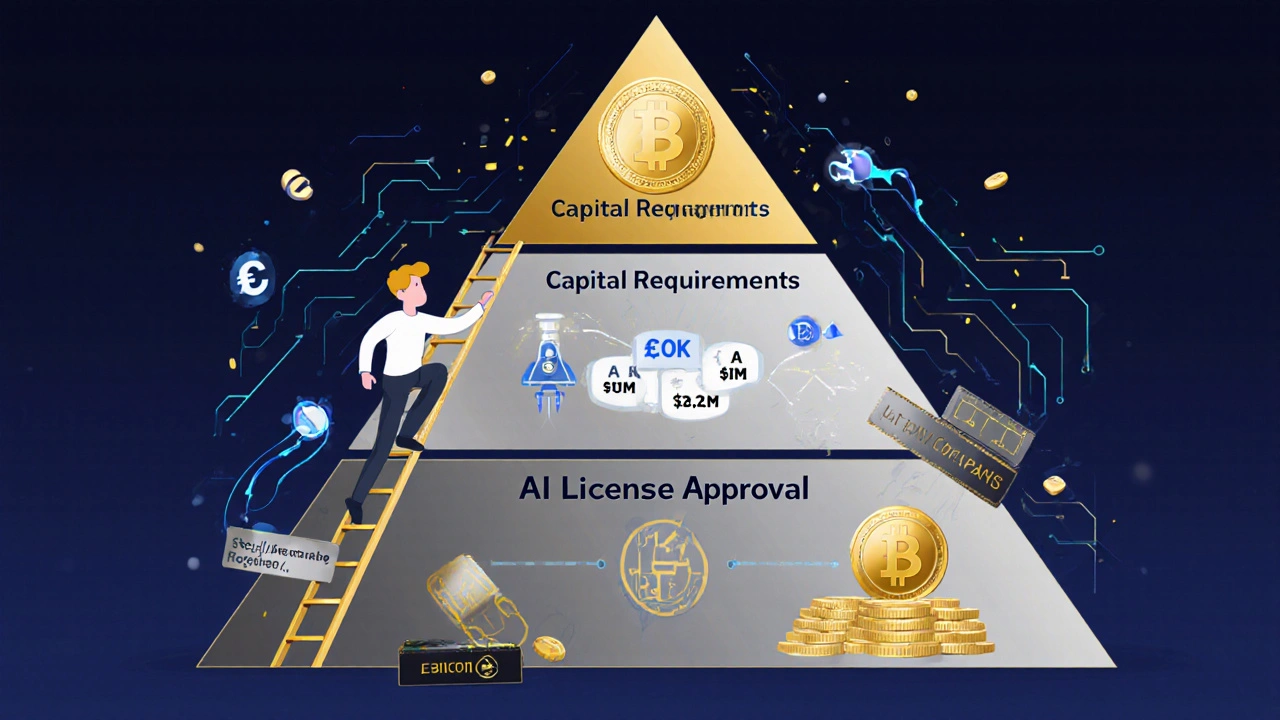 Compliance pyramid showing capital, AML/KYC, and license approval layers with founder climbing a time ladder.