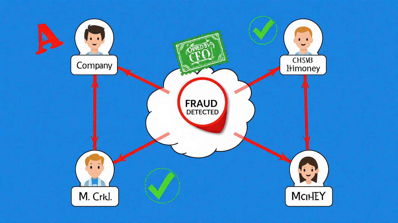GraphRAG visualizing a money loop between companies linked to a CFO, exposing hidden fraud missed by standard systems.