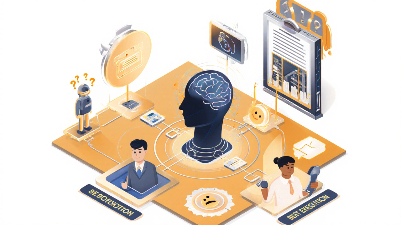 Hybrid support system diagram showing AI and human advisor connections with user emotion indicators.