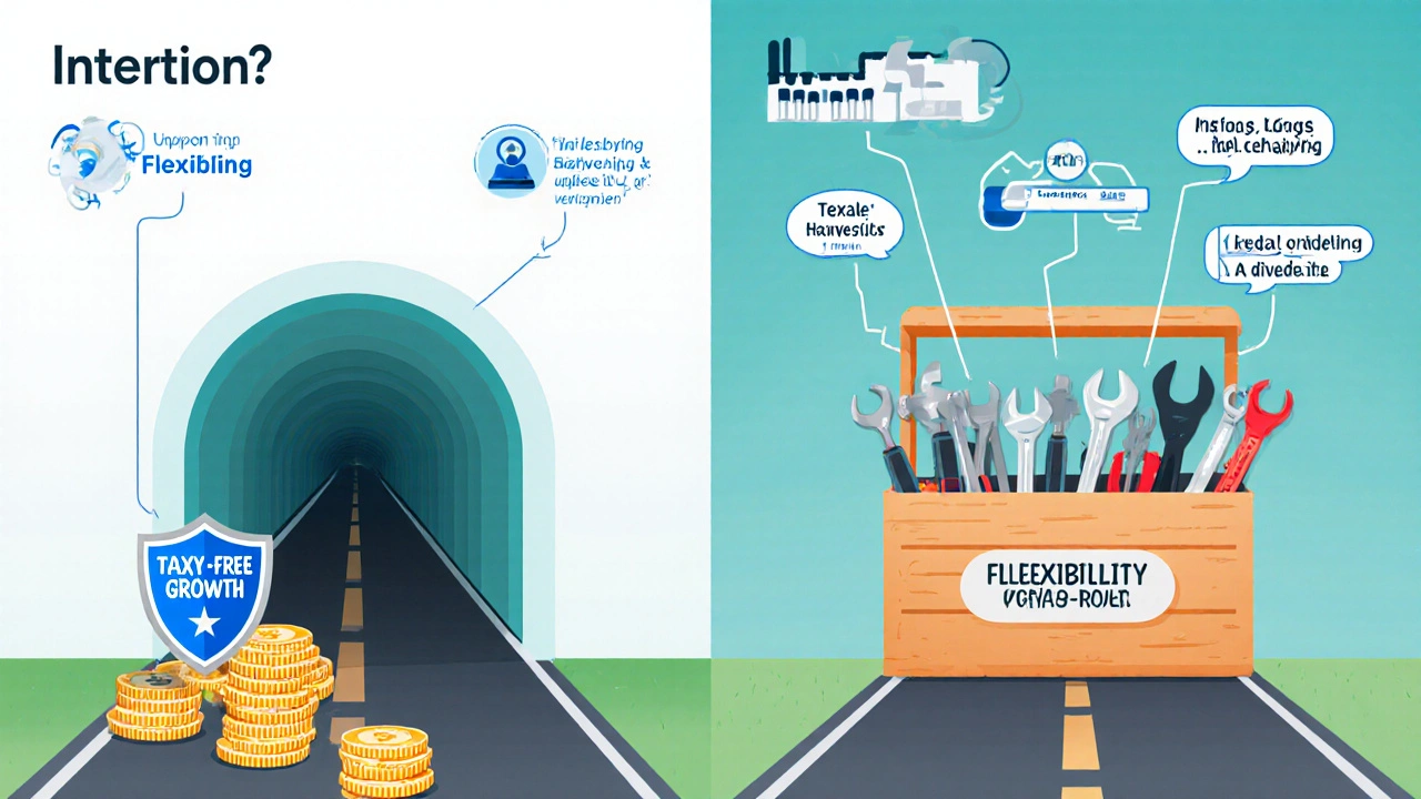 Side-by-side comparison of Roth IRA and taxable brokerage account with labeled financial tools.