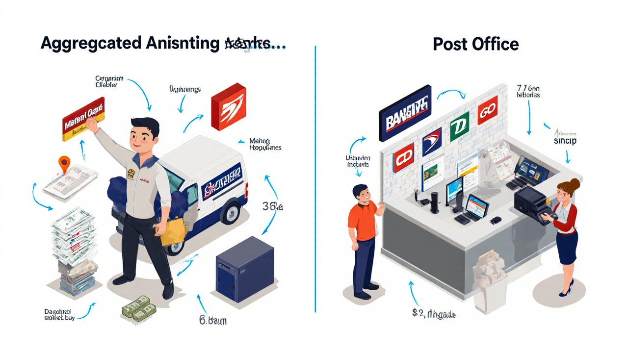 Side-by-side technical diagram showing direct vs aggregated agent banking models with labeled components.