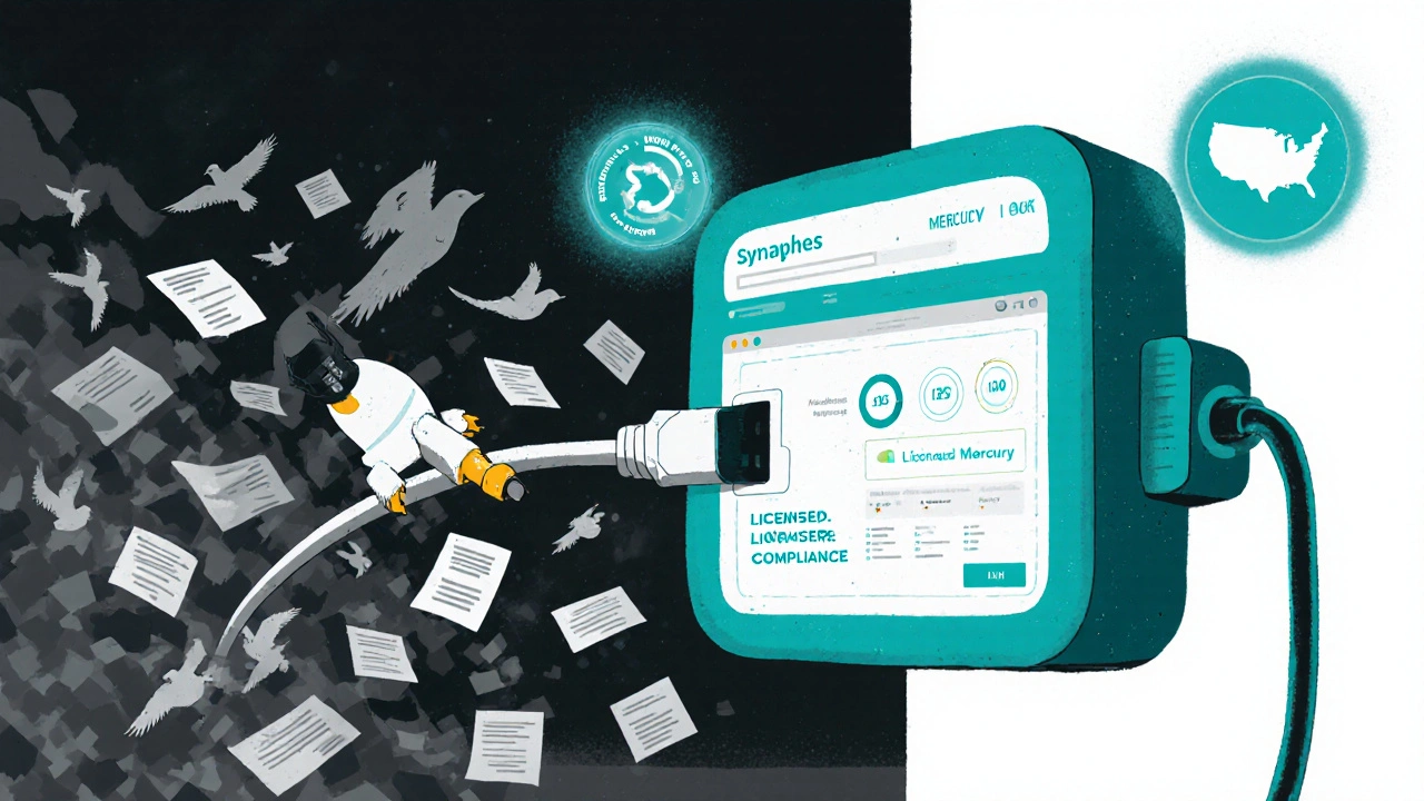 Startup connected to BaaS hub while chaotic state license forms fly around, showing simplified compliance.