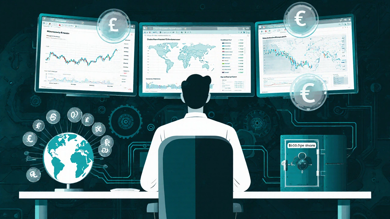 Technical diagram of a global trader accessing 160+ international markets through Interactive Brokers.
