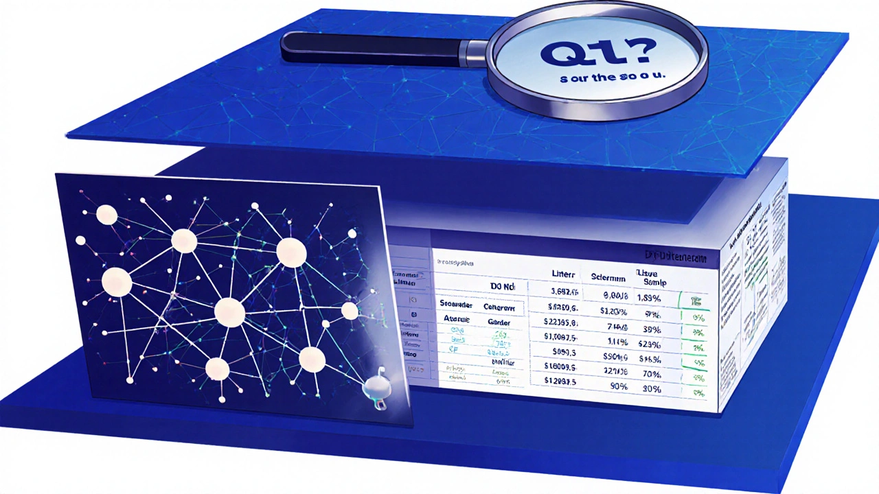 Three-layer financial AI system showing query planning, data retrieval, and cross-referenced results in technical illustration style.