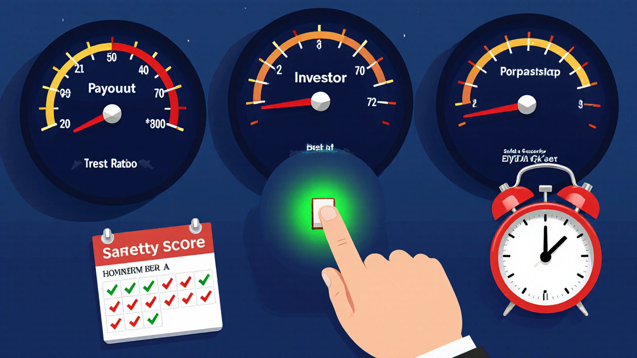 Financial dashboard with three warning gauges and a safety score indicator for dividend investors.