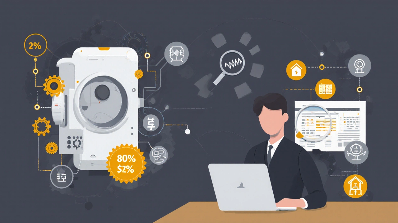 Hybrid underwriting system showing automated approvals alongside a human reviewing complex cases with income data.