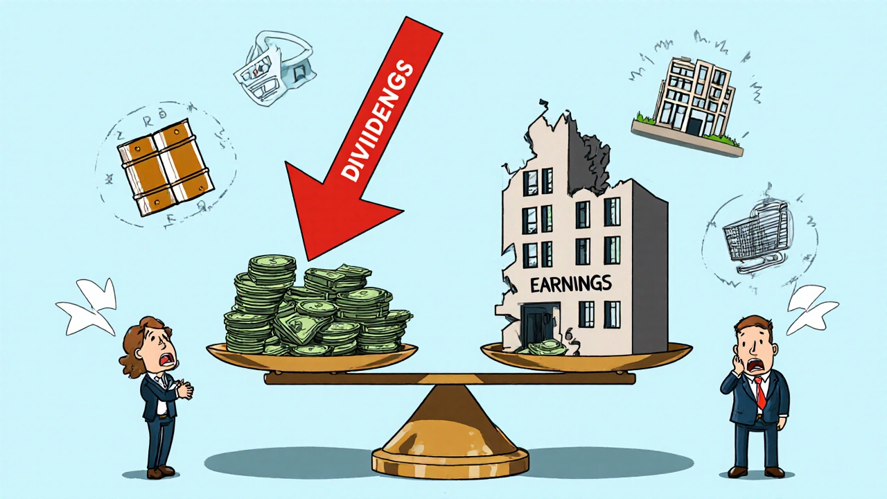 Scale balancing cash against a crumbling earnings building, with icons of vulnerable industries in the background.