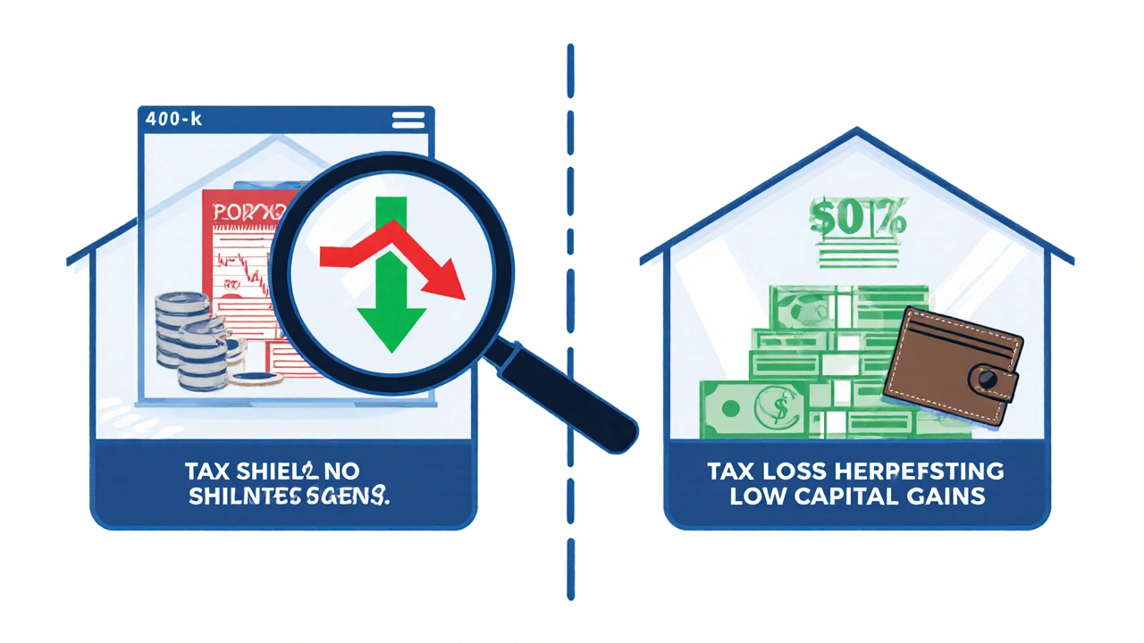 A split portfolio shows tax-efficient asset placement: bonds in shielded 401(k), stocks in low-tax taxable account with tax-loss harvesting.