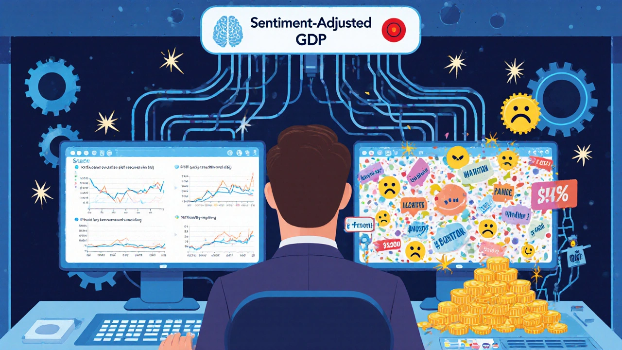 An executive facing two conflicting data screens, with an AI system syncing hard numbers and sentiment signals.