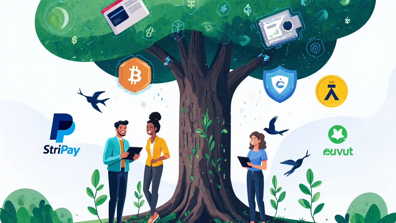 Blockchain tree supporting fintech services, with users benefiting from AI loans and fraud protection.