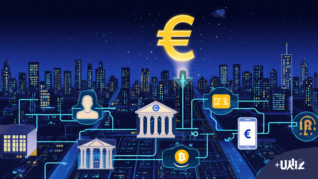 Cityscape with glowing PSD2 API connections between banks, fintechs, and consumers, featuring SCA icons and the Digital Euro rising in the distance.