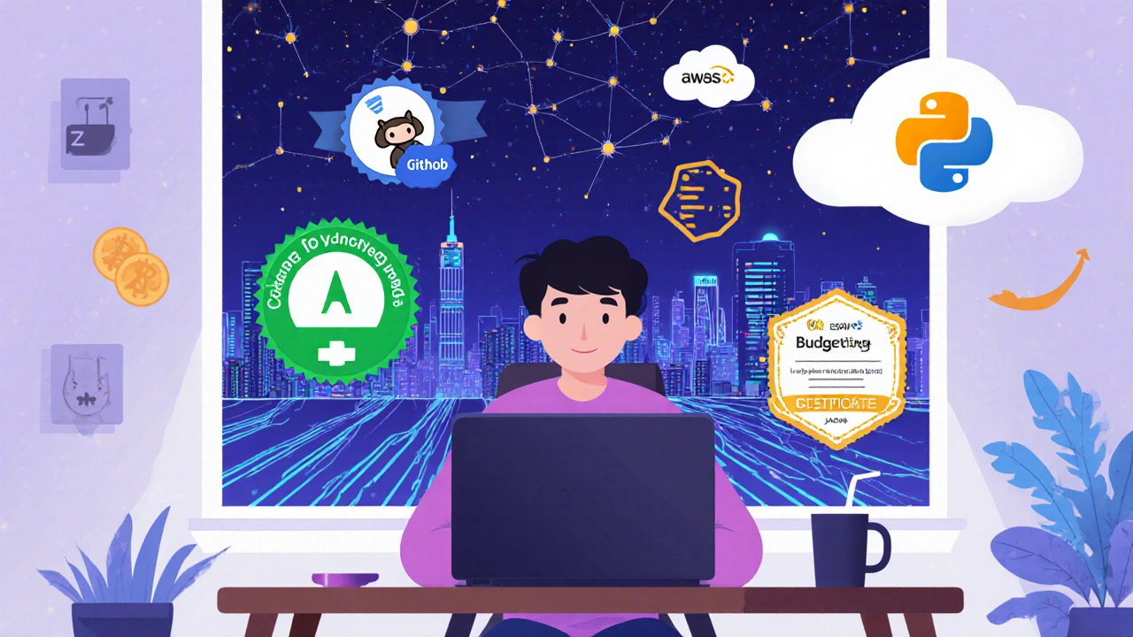 Remote worker with coding projects and certifications glowing around them, connected to global fintech networks.