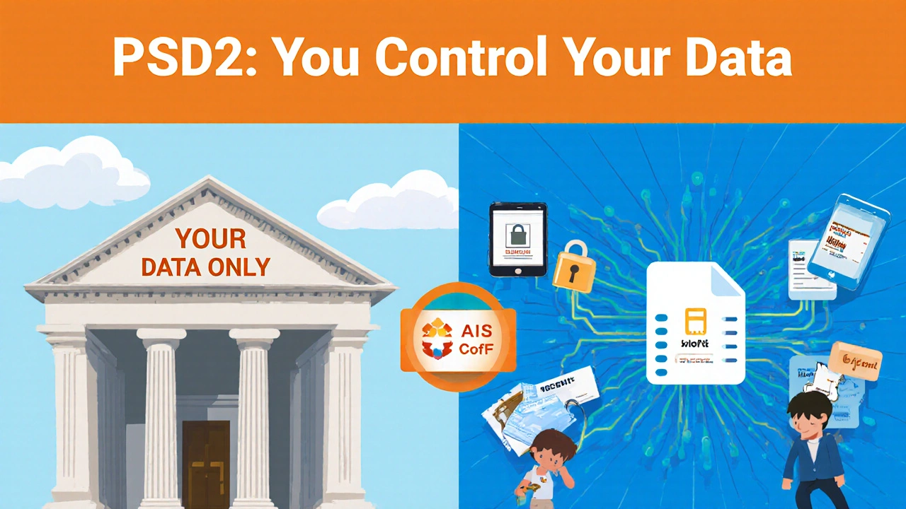 Split-screen comparison: locked bank vs. open digital network with users granting consent to third-party apps via secure APIs.