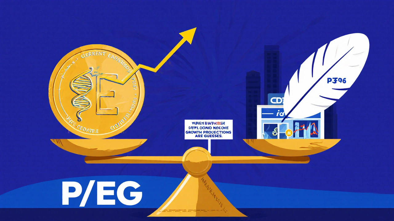 A balance scale weighing current earnings against growth expectations, showing a thriving biotech company versus a declining retailer.