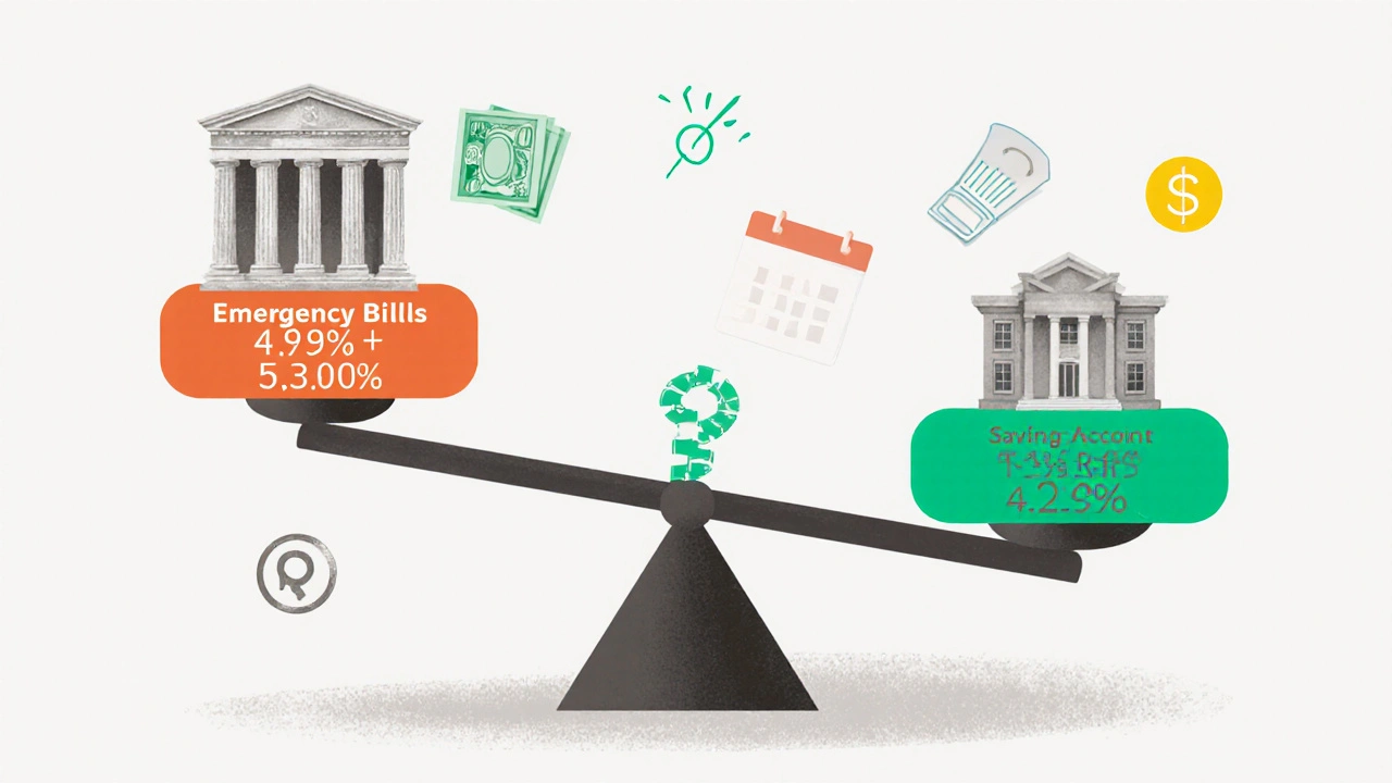 A balanced scale comparing emergency fund options, with Treasury bills outweighing savings accounts and CDs.