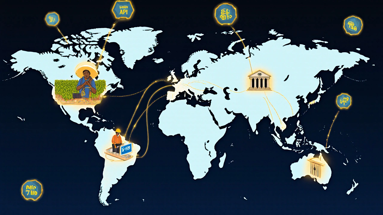 A global map showing API connections linking a Kenyan farmer, U.S. startup, European bank, and hedge fund through secure data streams.