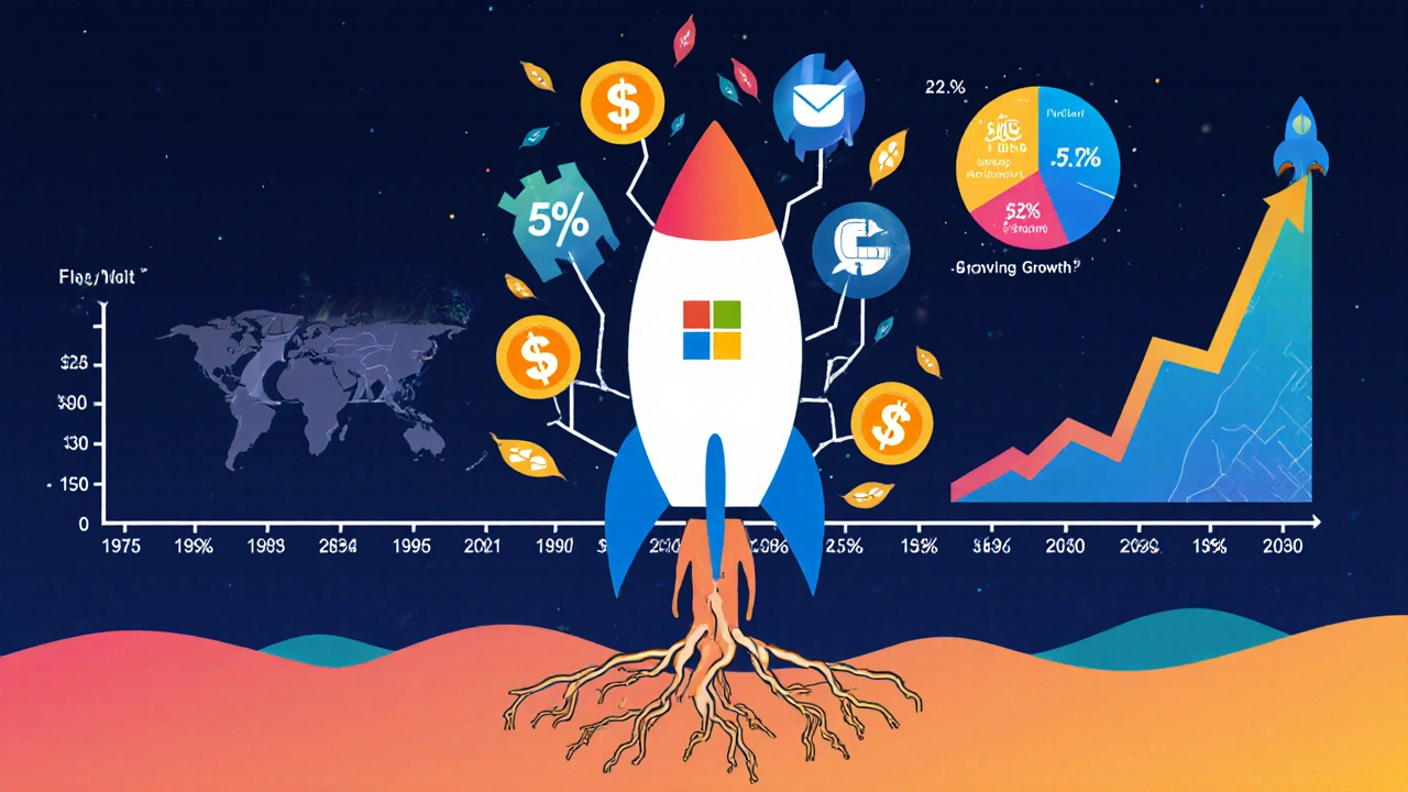 A hybrid company icon with dividend roots and growth rocket trails, evolving over time with AI analytics.
