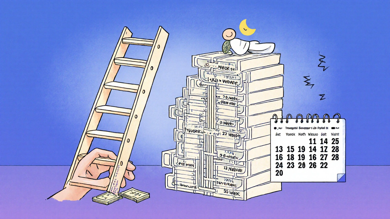 A ladder of maturing Treasury bills with a hand reaching cash from the bottom, symbolizing regular access to emergency funds.