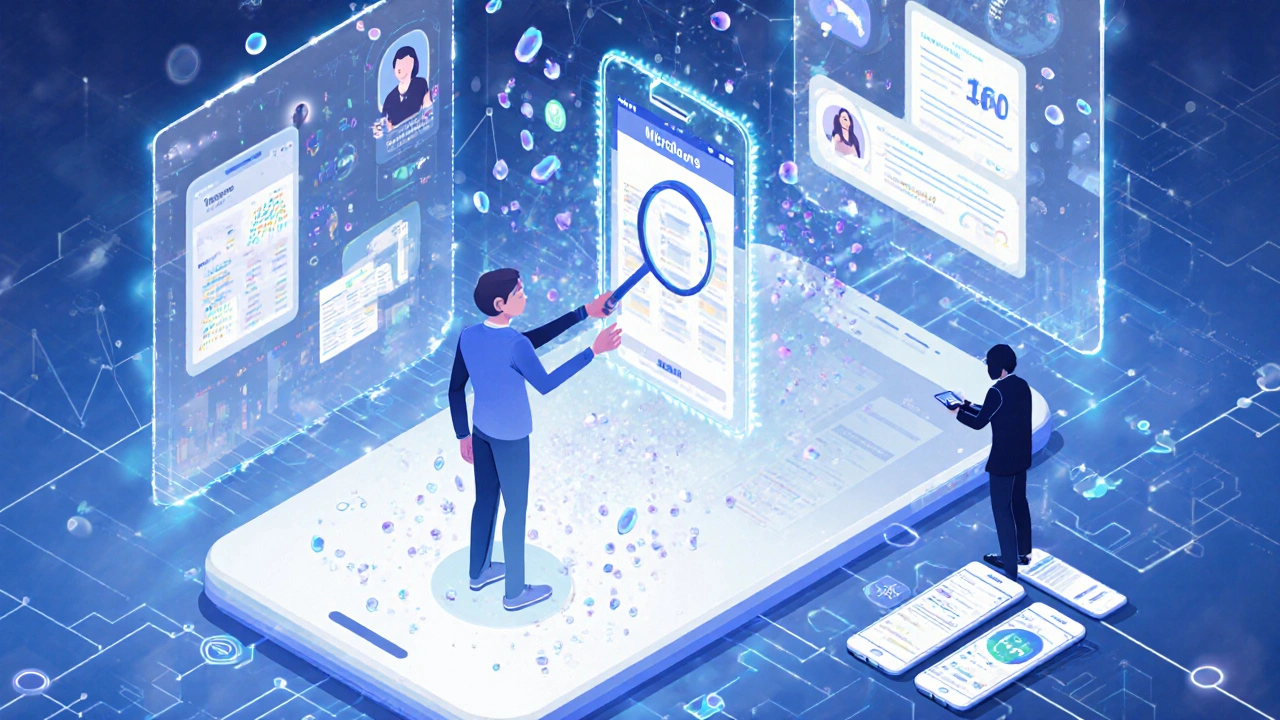 A person inside a transparent super app surrounded by financial data particles, with AI assistants offering advice.