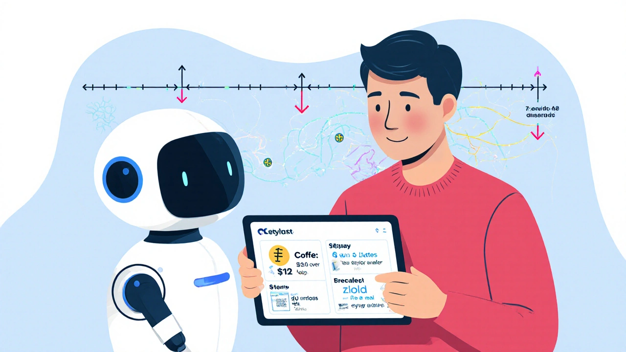 An AI coach helping a user with real-time banking feedback and personalized rewards, visualized through live data and habit timelines.