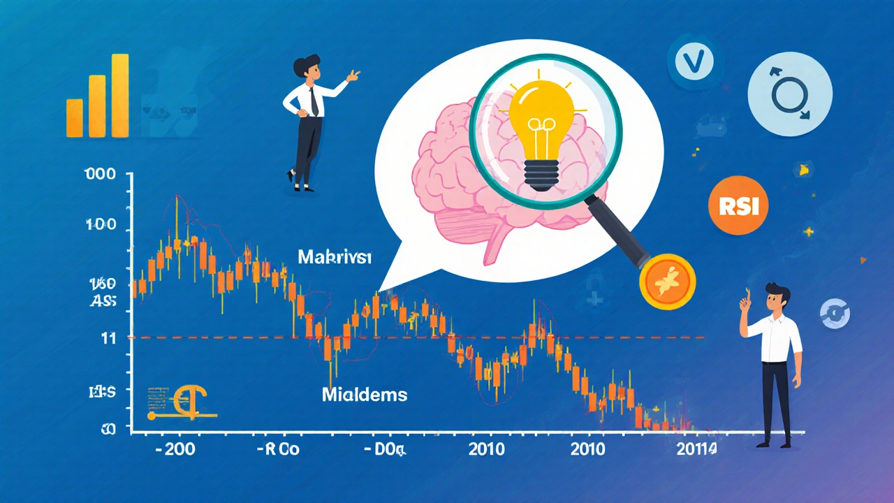 Bullish divergence shown between falling price and rising MACD histogram, with a lightbulb symbolizing insight.