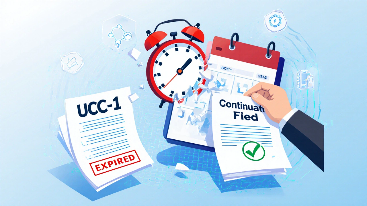 Calendar counting down to UCC filing expiration with renewal and blockchain elements