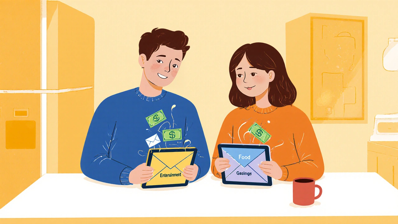 Couple managing shared digital envelopes for household budgeting together.