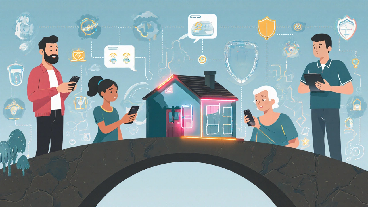 Diverse users interacting with insurtech devices, with data flows and privacy shields overlaying traditional and digital insurance methods.