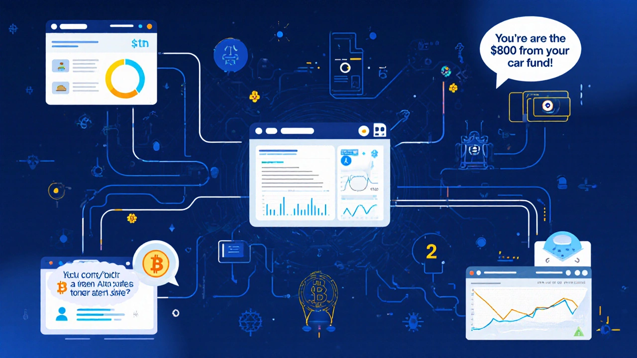 Financial dashboard connecting bank accounts, subscriptions, and crypto into one flow with AI advice bubbles guiding savings.