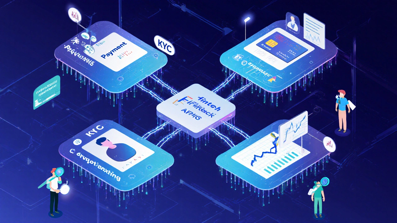 Four fintech API types connected by glowing lines to a central network hub, with developers troubleshooting errors.