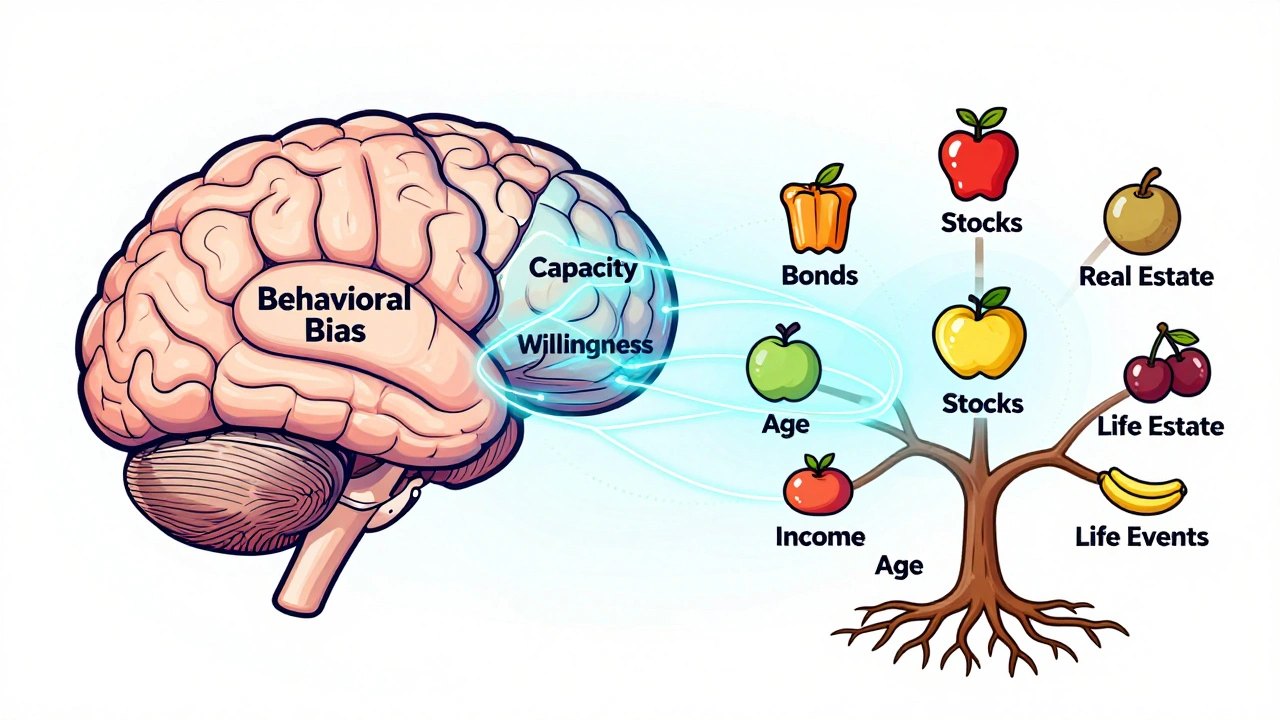 Human brain with labeled regions connected to a portfolio tree showing financial factors and asset types.