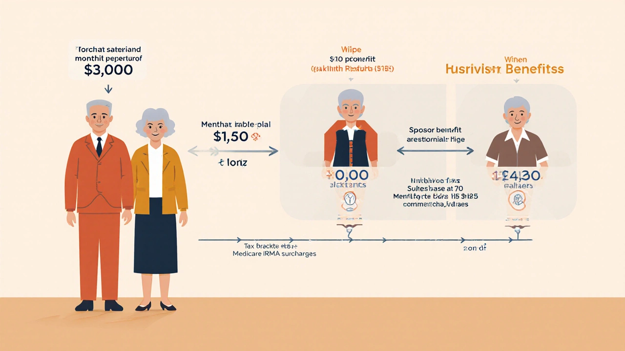 Married couple with benefit streams showing spousal and survivor benefits, timeline with tax and Medicare warnings