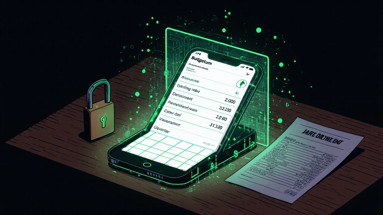 Offline budgeting app on phone with encrypted data shield and no cloud links.