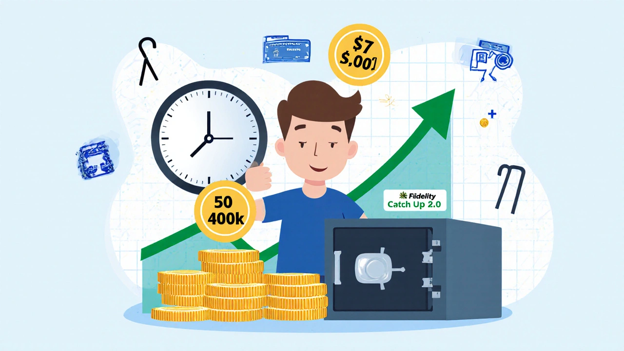 Person aged 50 making catch-up contributions to retirement accounts with oversized coins and a rising savings graph.