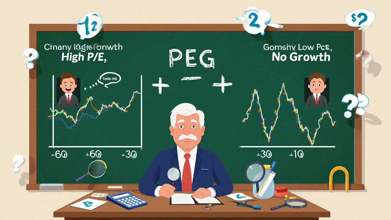 Peter Lynch explaining the PEG formula with two contrasting stock graphs and financial tools on a desk in a cartoon technical style.